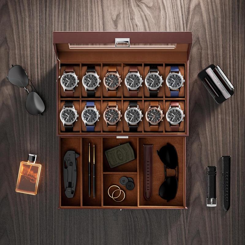 Watch Box for Men, 12 Slot Mens Watch Case With Drawer, Watch Display Case With Glass Lid, 2-Layer Watch Holder Organizer,  and Watch Storage for Men Women -12Slot, Espresso