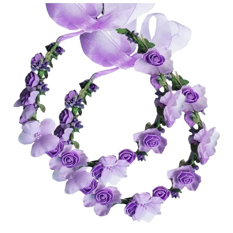 Flower Crown Headband Wreath Garland  Bands Floral Wedding Bridal  Hoop Women Leaf Ribbon Party Decoration Headdress Headwear Christmas Handmade Headpiece  Accessories 2 Pack Purple