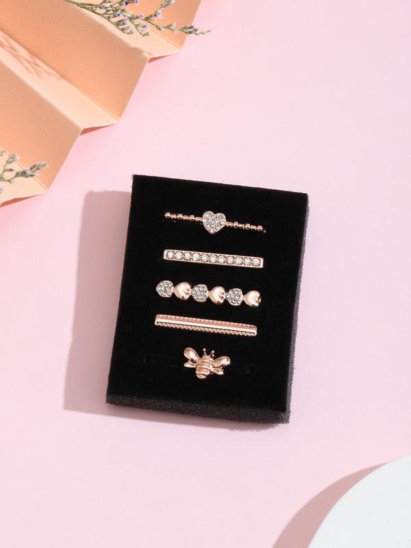 5pcs set Rhinestone Decorated Watch Band Ring, Heart & Bee Design Watch Strap Accessories, Watch Decoration Accessories