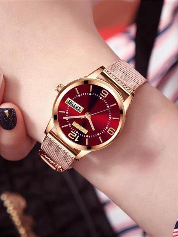 Women's Elegant Fashion Round Dial Analog Quartz Watch, with Rose Gold Stainless Steel Strap, Perfect Anniversary Gift for Women & Girls