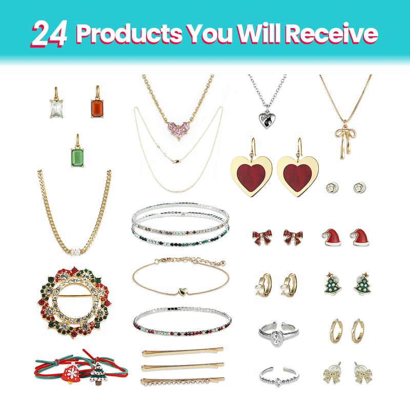 Fizz & Rizz Christmas Gift 24-Day Advent Calendar-Fashion Jewelry Lucky Box Holiday Countdown Gift With Rings Earrings Bracelet Necklace