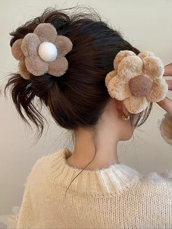 2pcs Cute Plush Flower Design Hair Claw Clip, Fluffy Hair Claws, Fashionable Easy Grasping Hair Accessories for Women & Girls for Fall & Winter