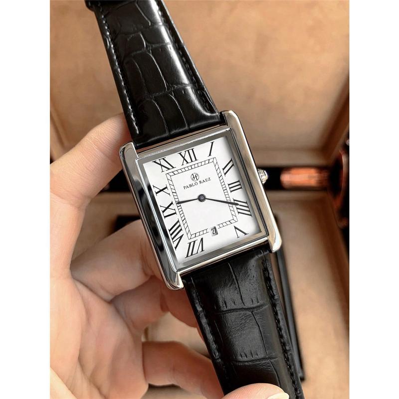 1 count Men's Elegant Quartz Watch With Silver Sus304 Stainless Steel Case, Leather Strap, Roman Numerals, Calendar & Simple Style, White Dial, Casual Waterproof Square Shape Watch For Daily Work Wear Or Business Gift