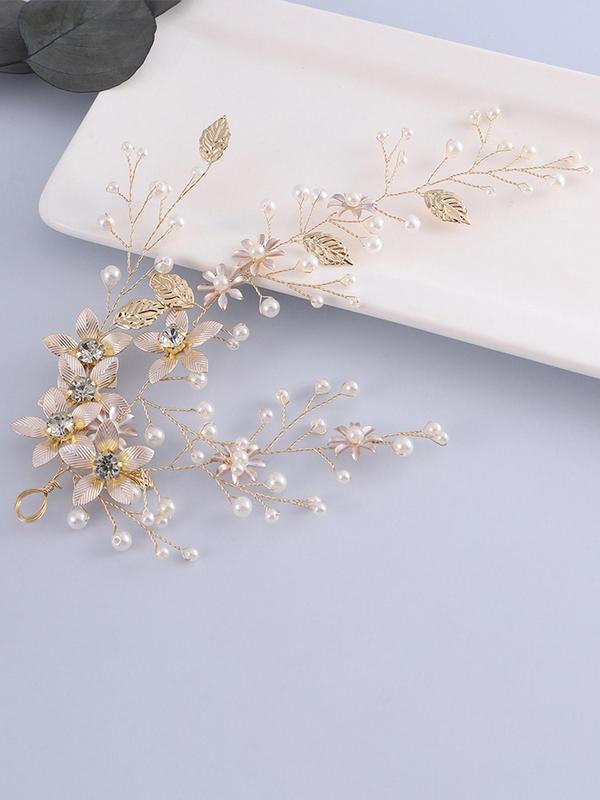 Vintage Faux Pearl & Rhinestone Decor Bridal Headwear, Elegant Flowers & Leaf Design Headwear for Wedding, Fashion Hair Accessories for Party, Daily Clothing Decor