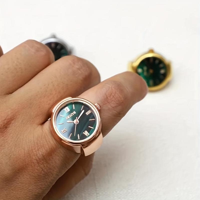 Women Men Finger Watches Golden Silvery Plated Watch Rings, Vintage Mini Quartz Green Dial Ring Watches For Men Women