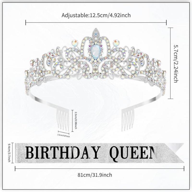 Birthday Queen Crown & Sash Set, 1 Set Rhinestone Tiara & Sash Set, Party Decorations for Birthday Party Dance Cosplay Graduation