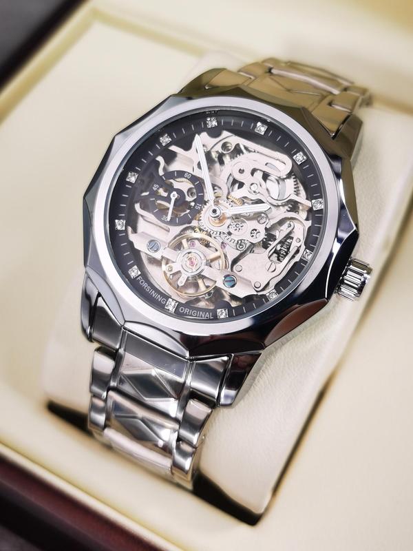 Men's Business Fashion Rhinestone Decorated Mechanical Watch, Fashion Watch for Party, Daily Clothing Decor, Trendy All-match & Exquisite Watch for Birthday Gift with Box