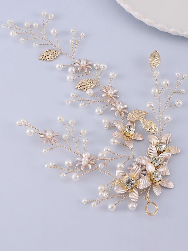 Vintage Faux Pearl & Rhinestone Decor Bridal Headwear, Elegant Flowers & Leaf Design Headwear for Wedding, Fashion Hair Accessories for Party, Daily Clothing Decor